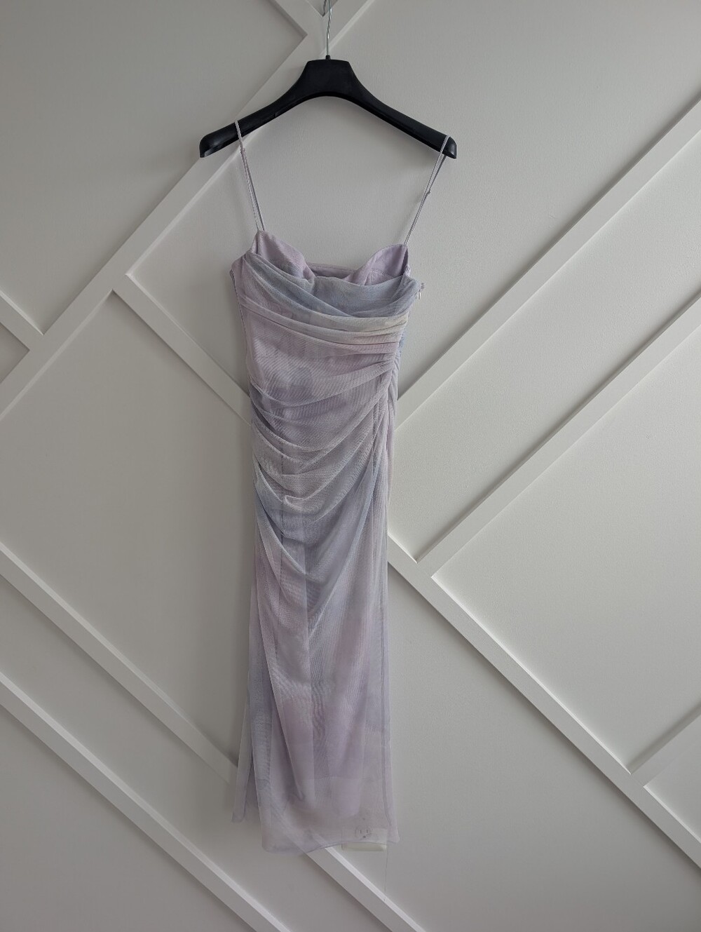 Zara Pastel Lavender Ruched Mesh Midi Dress